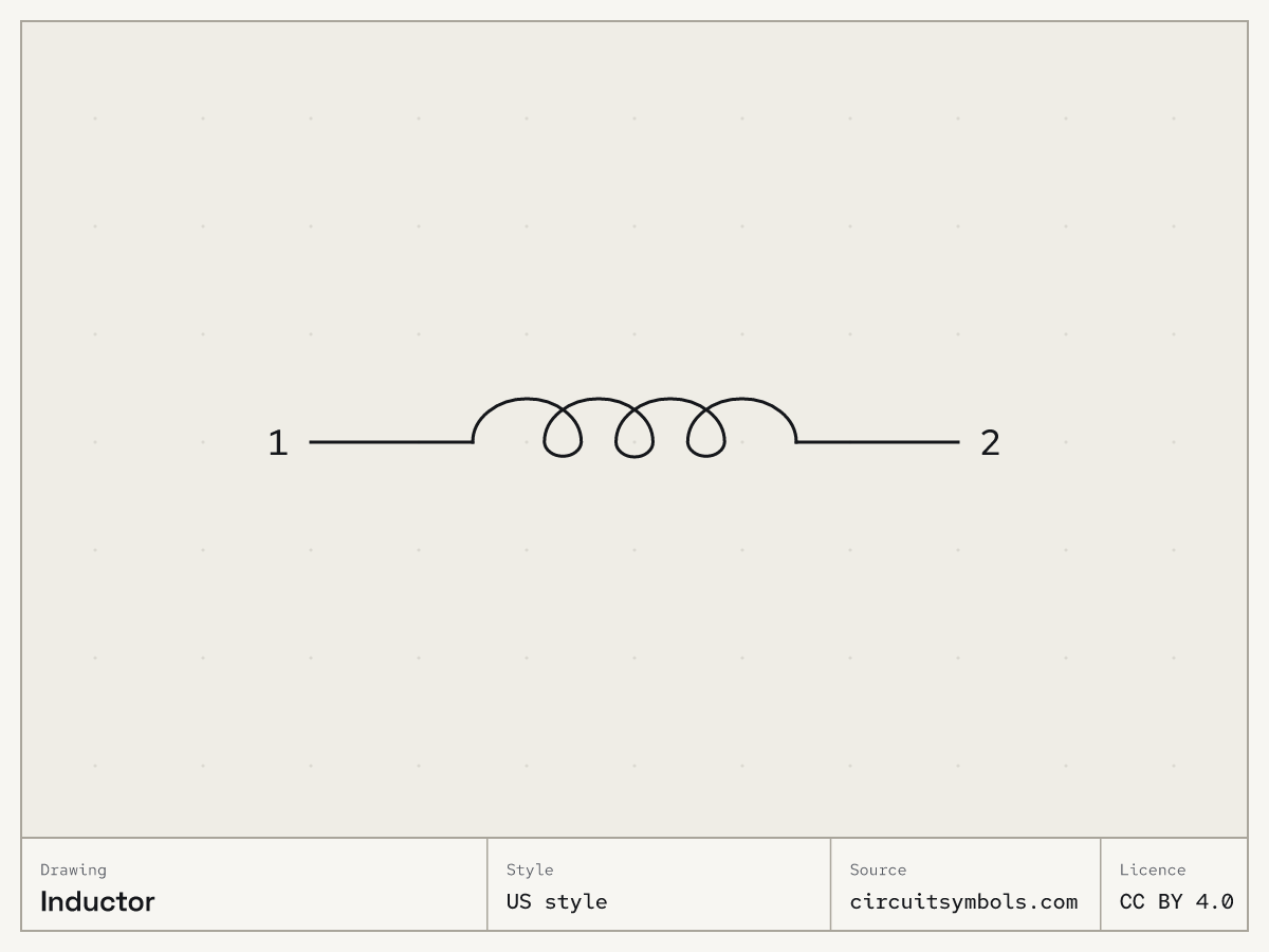 Inductor circuit symbol, US (IEEE 315 style), terminals 1, 2