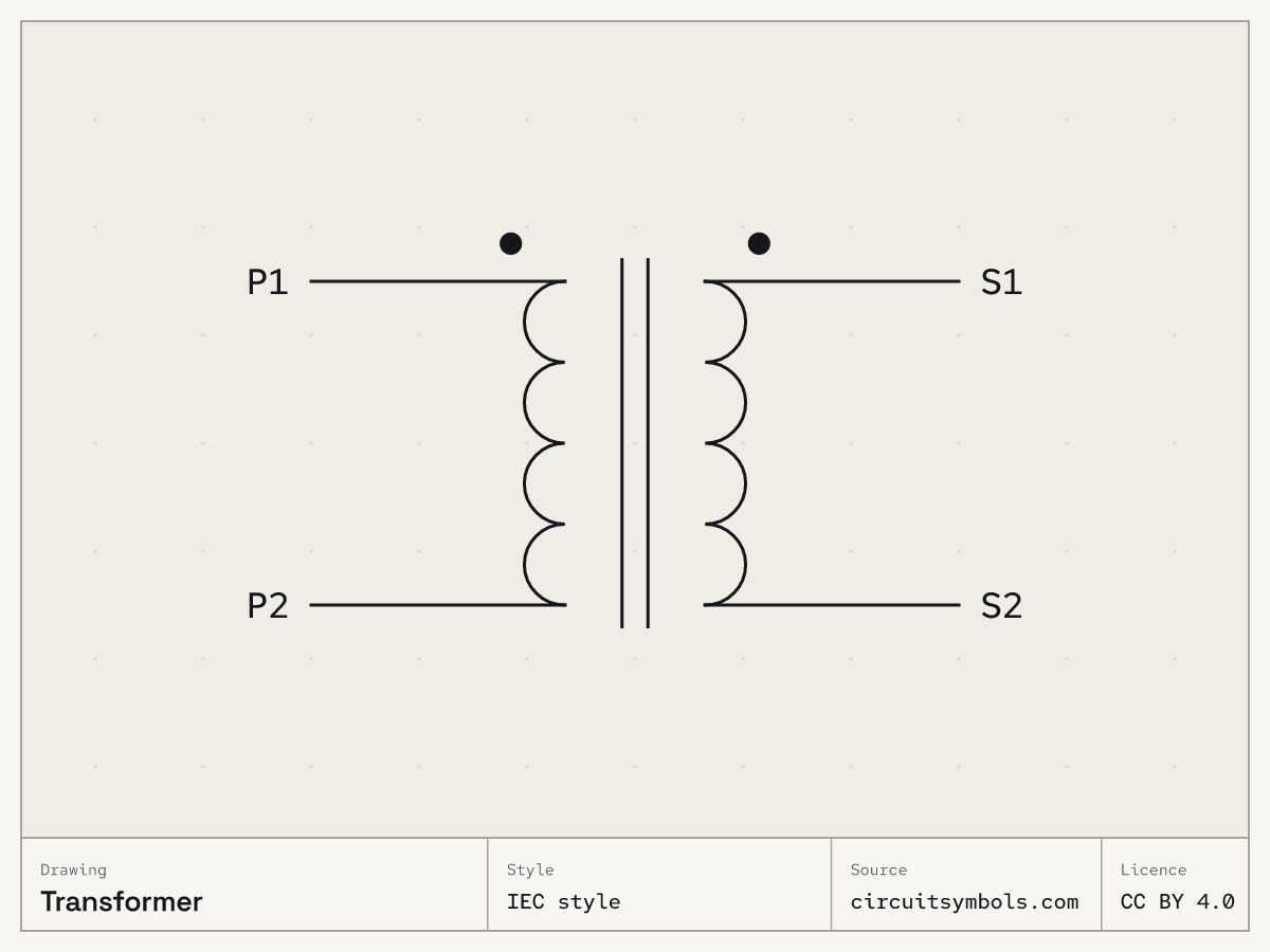 Transformer circuit symbol, IEC 60617 style, terminals P1, P2, S1, S2