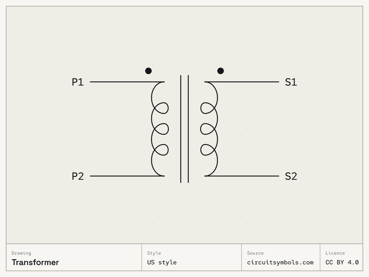 Transformer circuit symbol, US (IEEE 315 style), terminals P1, P2, S1, S2